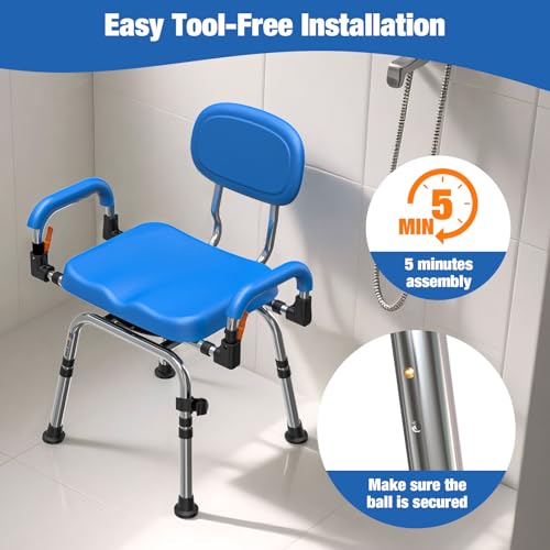 4-in-1 Wide 360° Swivel Shower Chair for Elderly and Disabled, Adjustable Height & Arms Width Padded Shower Chair for Inside Shower & Bathroom Bath Tub, 300lb Capacity Bariatric Shower Seats with Arms (Swivel Shower Chair (Blue))