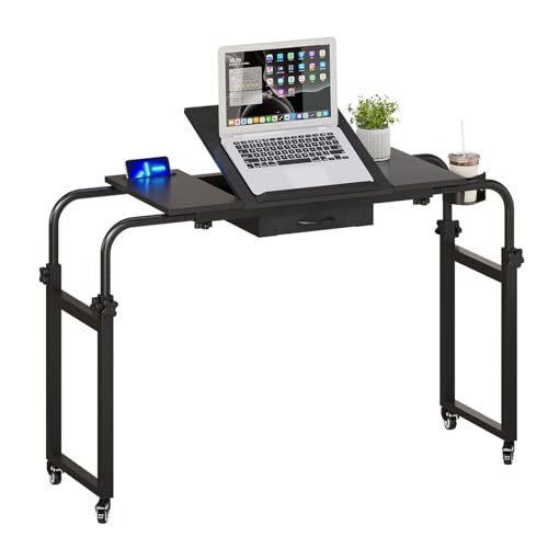 Overbed Table with Wheels Rolling Laptop Desk Cart Over Recliner Wheelchair Table Adjustable for Hospital and Home Use Over The Bed Table with Storage Drawer and Cup Holder (Black / 31.5 to 47)