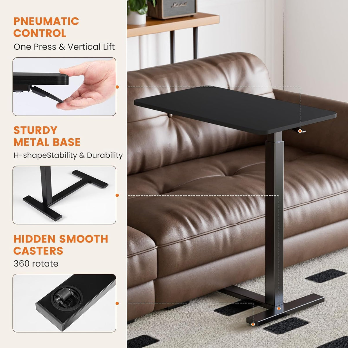 Overbed Bedside Table with Hidden Casters (Black / Non-Tiltable)