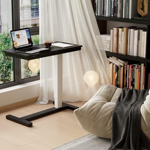 Solid Wood Overbed Bedside Table with Wheels (Black)