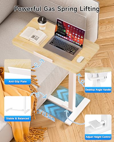 Mobile Standing Desk Laptop Desk Pneumatic with Wheels 180° Tilt Top Hospital Bed Table Portable Rolling Cart Foldable Bedside Table for Hospital&Home Use (Maple)