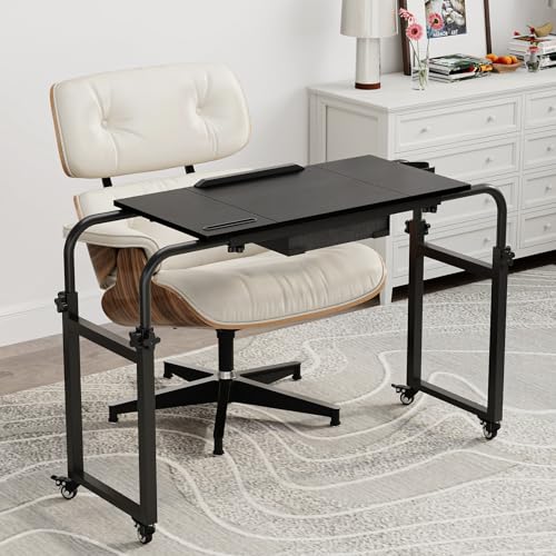 Overbed Table with Wheels Rolling Laptop Desk Cart Over Recliner Wheelchair Table Adjustable for Hospital and Home Use Over The Bed Table with Storage Drawer and Cup Holder (Black / 31.5 to 47)