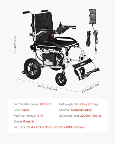 Foldable Electric Wheelchair for Adults (Silver / 17.5in 40 Pound Slim)