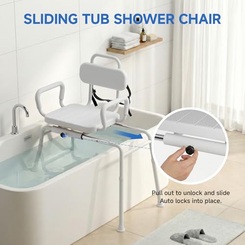 Sliding Shower Chair with Swivel Seat for Bathtub (Neutral Gray)
