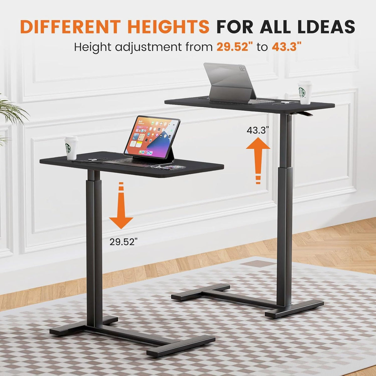 Overbed Bedside Table with Hidden Casters (Black / Non-Tiltable)