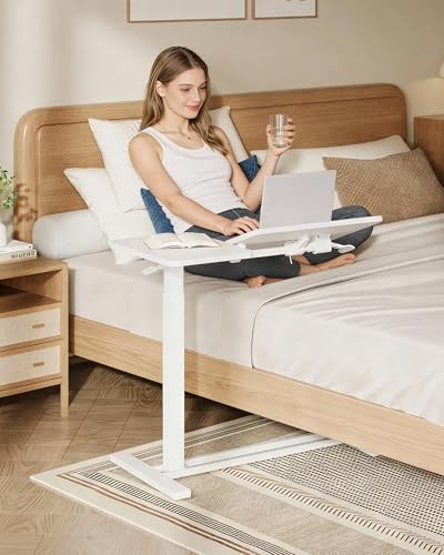 32''Overbed Table Gas Spring Lifting with Wheels&Tilting Desktop (White / 32 inch)