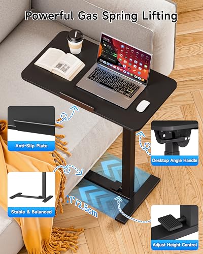 Mobile Standing Desk Laptop Desk Pneumatic with Wheels 180° Tilt Top Hospital Bed Table Portable Rolling Cart Foldable Bedside Table for Hospital&Home Use (Black)