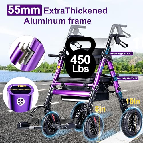 2-in-1 Rollator Transport Wheelchair Combo for Seniors with seat (Purple)