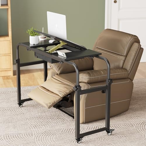 Overbed Table with Wheels Rolling Laptop Desk Cart Over Recliner Wheelchair Table Adjustable for Hospital and Home Use Over The Bed Table with Storage Drawer and Cup Holder (Black / 31.5 to 47)