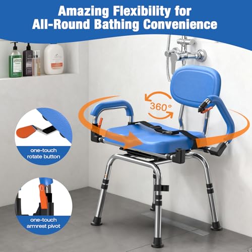 4-in-1 Wide 360° Swivel Shower Chair for Elderly and Disabled, Adjustable Height & Arms Width Padded Shower Chair for Inside Shower & Bathroom Bath Tub, 300lb Capacity Bariatric Shower Seats with Arms (Swivel Shower Chair (Blue))