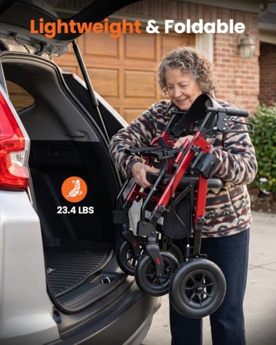Folding 3 in 1 Rollator & Transport Wheelchair (Red)