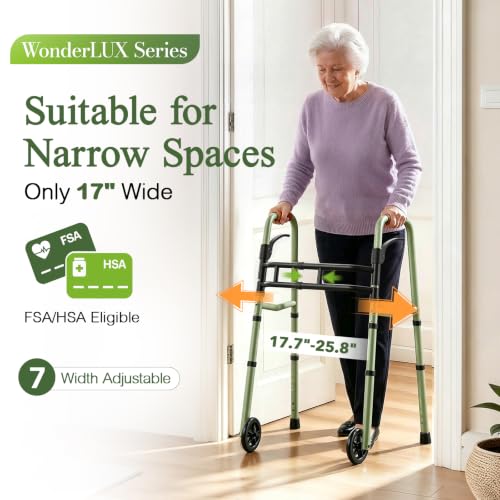 Z3 Narrow Folding Walkers for Seniors with 5" Wheels 350lbs (Green)