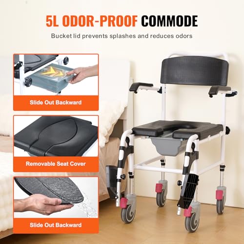 Shower Commode Wheelchair 350 LBS Capacity Bedside Commode Chair