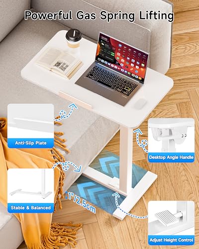 Mobile Standing Desk Laptop Desk Pneumatic with Wheels 180° Tilt Top Hospital Bed Table Portable Rolling Cart Foldable Bedside Table for Hospital&Home Use (White)