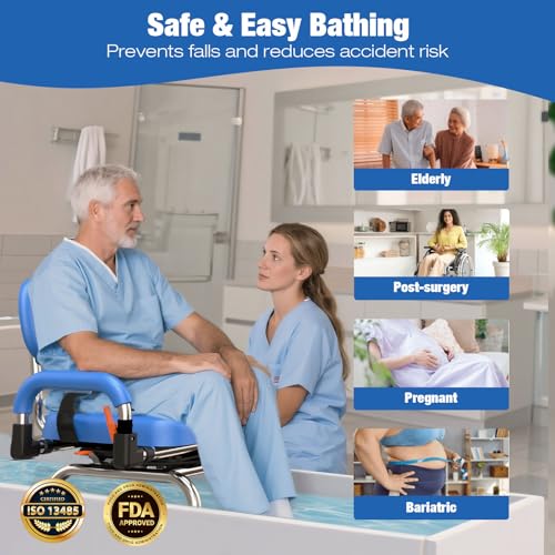4-in-1 Wide 360° Swivel Shower Chair for Elderly and Disabled, Adjustable Height & Arms Width Padded Shower Chair for Inside Shower & Bathroom Bath Tub, 300lb Capacity Bariatric Shower Seats with Arms (Swivel Shower Chair (Blue))
