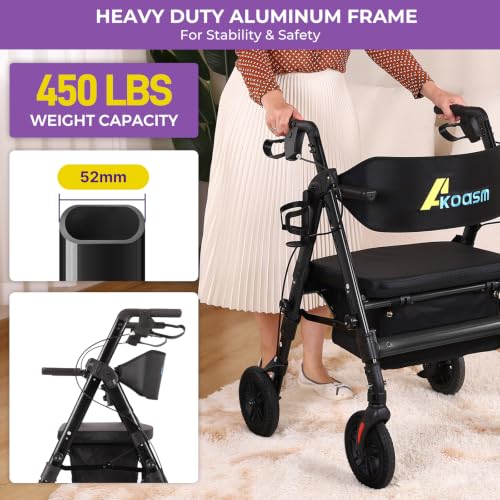 Heavy Duty Rollator Walkers for Seniors with Seat (Black)
