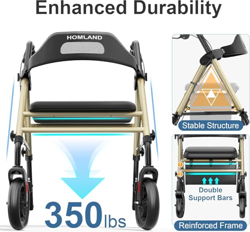 Foldable Rollator Walker for Seniors with Seat (Champagne Gold)