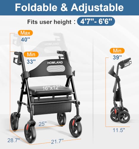 Foldable Rollator Walker for Seniors with Seat (Black)