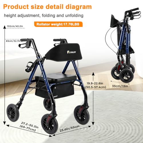 Foldable Rollator Walkers for Seniors with Seat (Deep Blue-all Terrain(8 Inch Wheels))