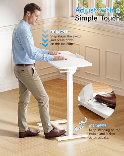 Mobile Standing Desk Laptop Desk Pneumatic with Wheels 180° Tilt Top Hospital Bed Table Portable Rolling Cart Foldable Bedside Table for Hospital&Home Use (White)