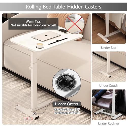 Over the Bed Table with Hidden Wheels (White)