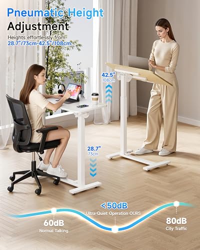 Mobile Standing Desk Laptop Desk Pneumatic with Wheels 180° Tilt Top Hospital Bed Table Portable Rolling Cart Foldable Bedside Table for Hospital&Home Use (White)