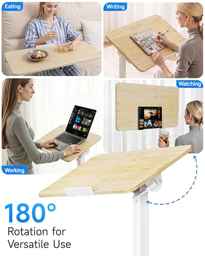 Mobile Standing Desk Laptop Desk Pneumatic with Wheels 180° Tilt Top Hospital Bed Table Portable Rolling Cart Foldable Bedside Table for Hospital&Home Use (Maple)