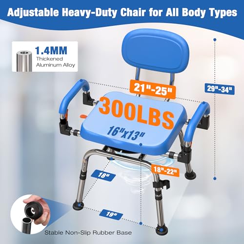 4-in-1 Wide 360° Swivel Shower Chair for Elderly and Disabled, Adjustable Height & Arms Width Padded Shower Chair for Inside Shower & Bathroom Bath Tub, 300lb Capacity Bariatric Shower Seats with Arms (Swivel Shower Chair (Blue))