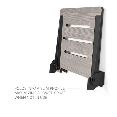 18 inch Silhouette Slimline Folding Wall Mount Shower Bench Seat (Weathered Ash With Matte Black Frame)