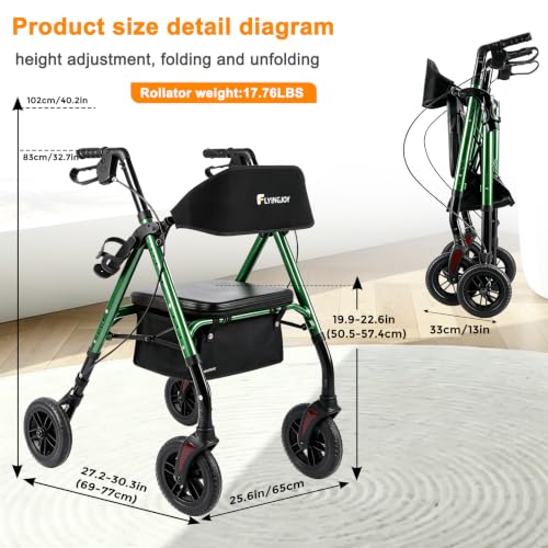 Foldable Rollator Walkers for Seniors with Seat (Emerald Dark Green-all Terrain(8 Inch Wheels))