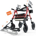 Folding 3 in 1 Rollator & Transport Wheelchair (Red)