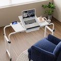 Overbed Table with Wheels Rolling Laptop Desk Cart Table Height and Length Adjustable for Hospital and Home Use Over The Bed Table with Storage Drawer and Cup Holder (White / 31.5 to 47)