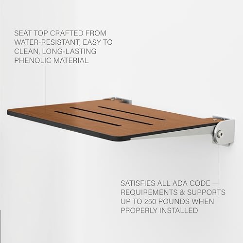 18 inch Silhouette Slimline Folding Wall Mount Shower Bench Seat (Rustic Teak Seat With Silver Frame)