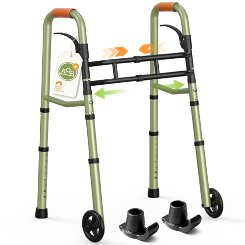 Z3 Narrow Folding Walkers for Seniors with 5" Wheels 350lbs (Green)