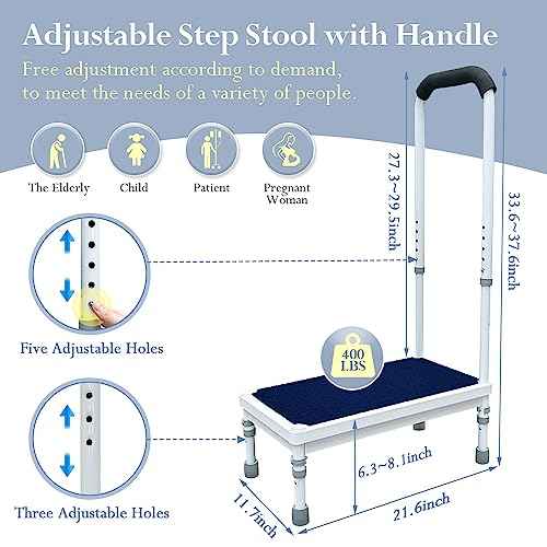 Bedside Steps for High Beds Step Stool with Handle for Elderly Adult Medical Heavy Duty Safety Stepstools for Seniors 400 Lb Capacity Non (Blue-21.6")