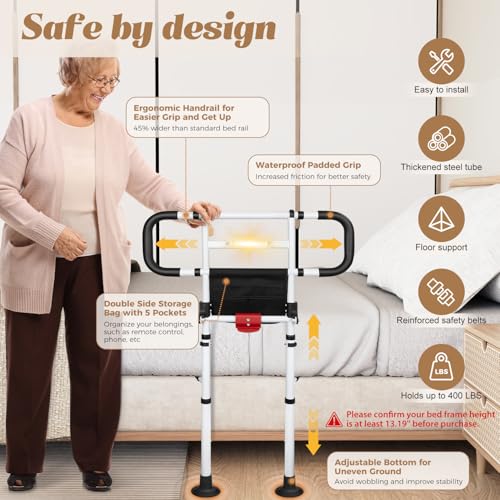 Bed Rails for Elderly Adults Foldable Safety Rail with Light 400LBS (Black White)