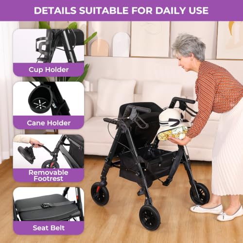 Heavy Duty Rollator Walkers for Seniors with Seat (Black)