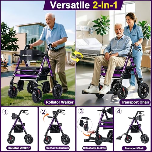 2-in-1 Rollator Transport Wheelchair Combo for Seniors with seat (Purple)