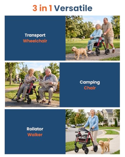 Folding 3 in 1 Rollator & Transport Wheelchair (Red)