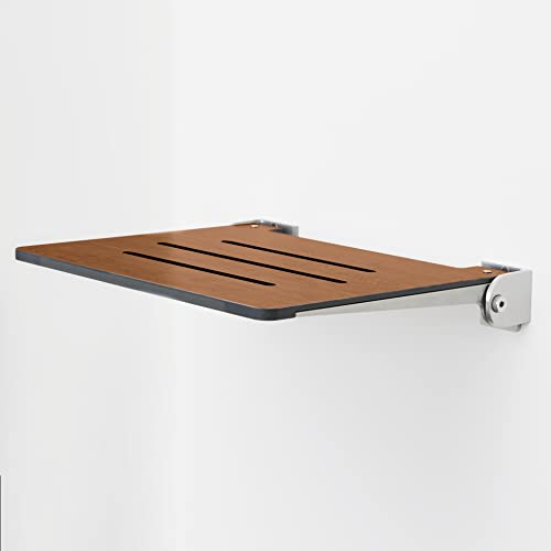18 inch Silhouette Slimline Folding Wall Mount Shower Bench Seat (Rustic Teak Seat With Silver Frame)