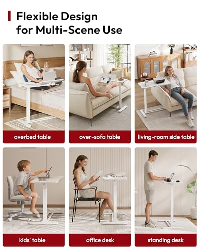 32''Overbed Table Gas Spring Lifting with Wheels&Tilting Desktop (White / 32 inch)