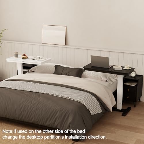 Solid Wood Overbed Bedside Table with Wheels (Black)