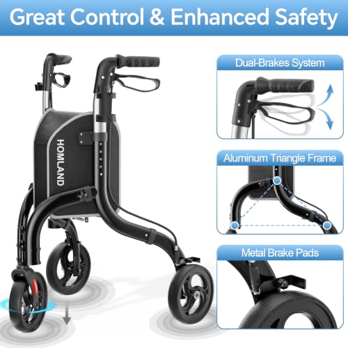 Foldable 3 Wheel Walkers for Seniors (Standard / Shiny Black)