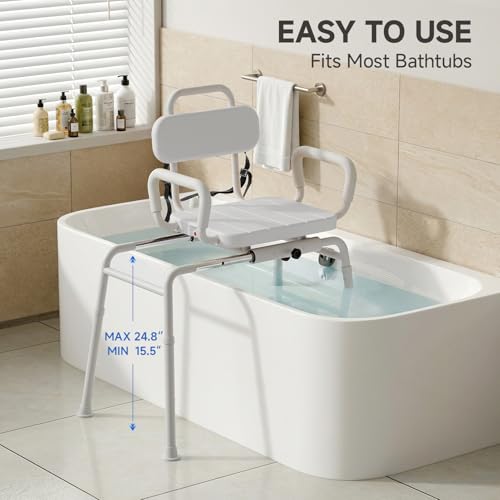 Sliding Shower Chair with Swivel Seat for Bathtub (Neutral Gray)
