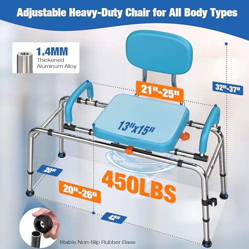 450lbs Sliding Shower Chair Tub Transfer Bench with Swivel Seat (Light Blue)