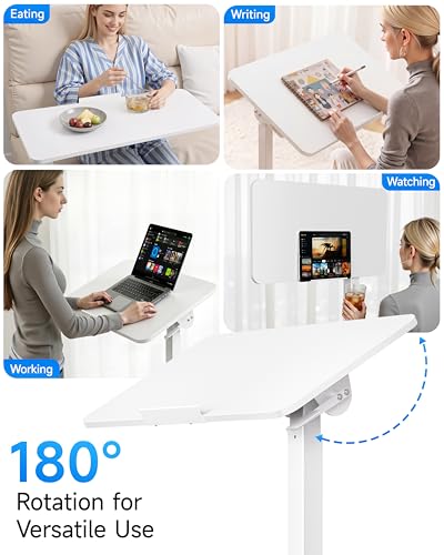 Mobile Standing Desk Laptop Desk Pneumatic with Wheels 180° Tilt Top Hospital Bed Table Portable Rolling Cart Foldable Bedside Table for Hospital&Home Use (White)