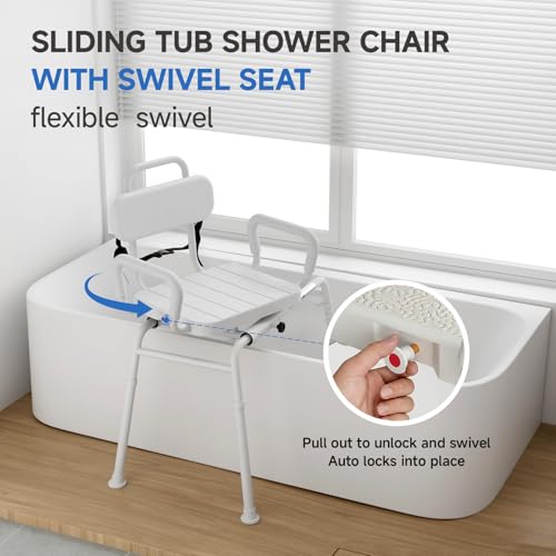 Sliding Shower Chair with Swivel Seat for Bathtub (Neutral Gray)