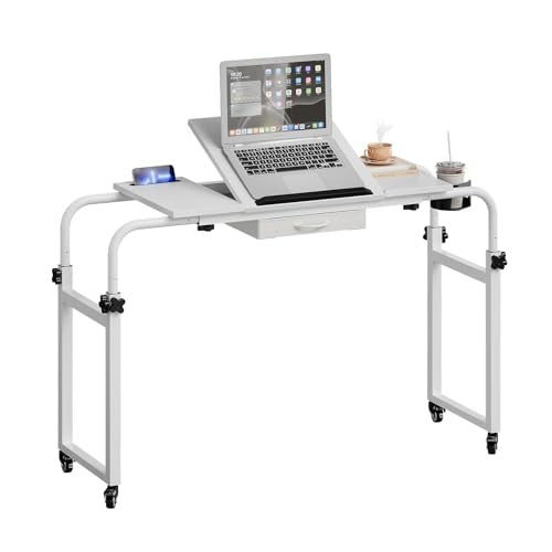 Overbed Table with Wheels Rolling Laptop Desk Cart Table Height and Length Adjustable for Hospital and Home Use Over The Bed Table with Storage Drawer and Cup Holder (White / 31.5 to 47)