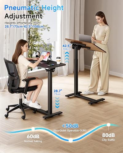 Mobile Standing Desk Laptop Desk Pneumatic with Wheels 180° Tilt Top Hospital Bed Table Portable Rolling Cart Foldable Bedside Table for Hospital&Home Use (Black)