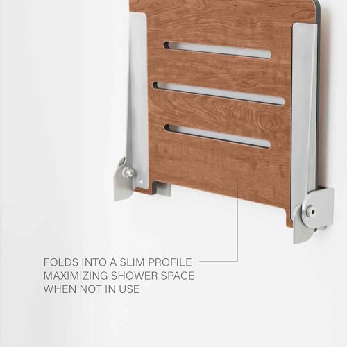 18 inch Silhouette Slimline Folding Wall Mount Shower Bench Seat (Rustic Teak Seat With Silver Frame)